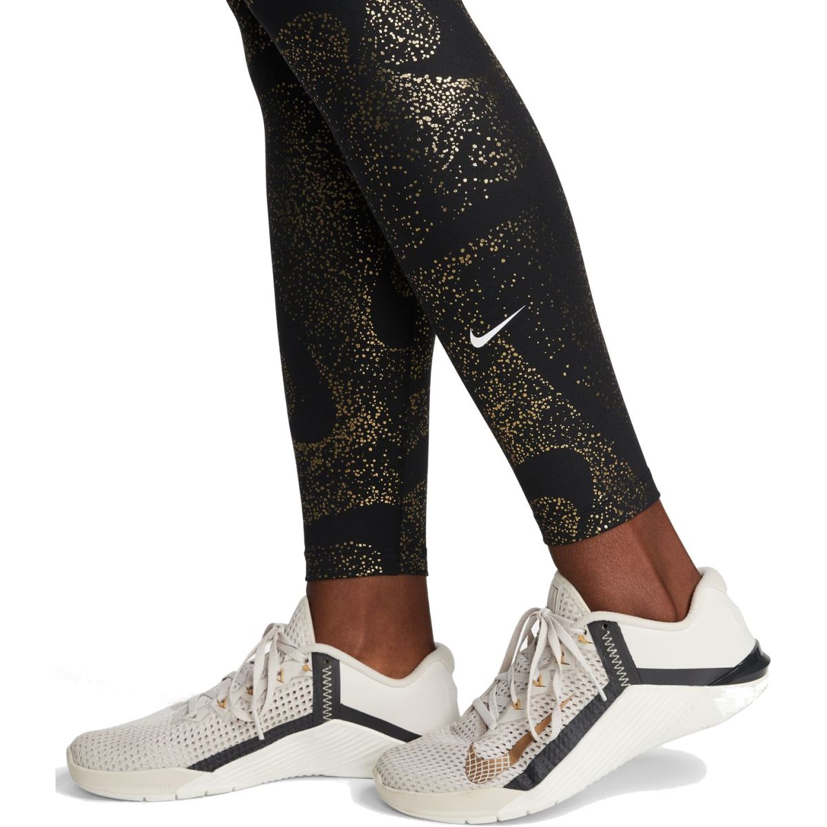 Womens Nike One Black/Gold Mid-Rise Printed Leggings DQ6308-010 Size Medium  for sale online